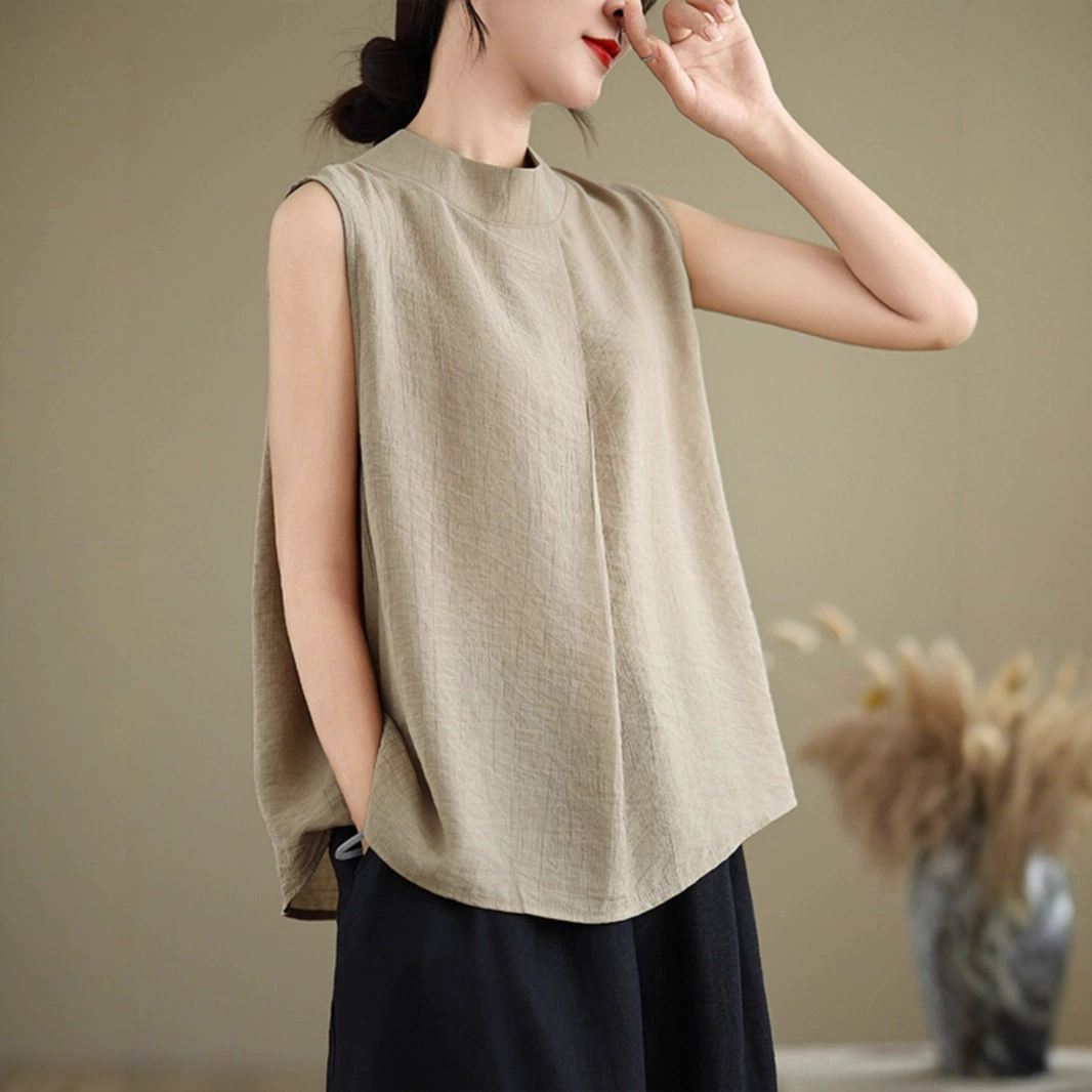 Плиссированная футболка без рукавов, черный жилет из хлопка и льна, женский летний текстурированный повседневный элегантный топ, универсальная рубашка в западном стиле