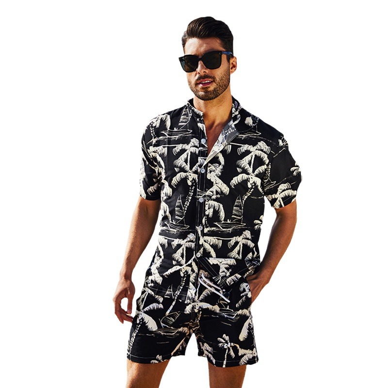 2024 nueva venta caliente hawaiana impresión transfronteriza trajes de playa de moda hombre guapo camisa de manga corta pantalones cortos grandes