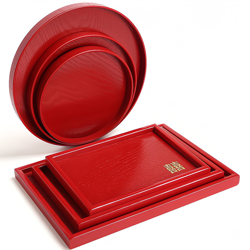 Chinese red wooden tray rectangular round toast plate red plate hotel wedding wedding tea tray festive ceremony