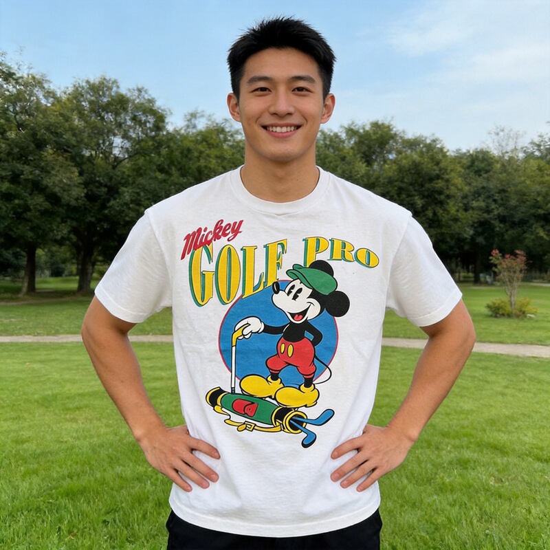 Mickey Golf Pro Themed American Retro T-Shirt with Creative and Fun Graffiti Fonts, Trendy Brand Pure Cotton Short-Sleeved T-Shirt