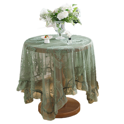 Elegant Green Hollowed-Out Lace Tablecloth with Ruffled Edges, Round Mirror Design, and Fresh, Delicate Lace Style