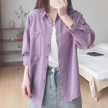 100%纯棉长袖衬衫女2025新款宽松衬衣开衫外套春秋上衣叠穿防晒