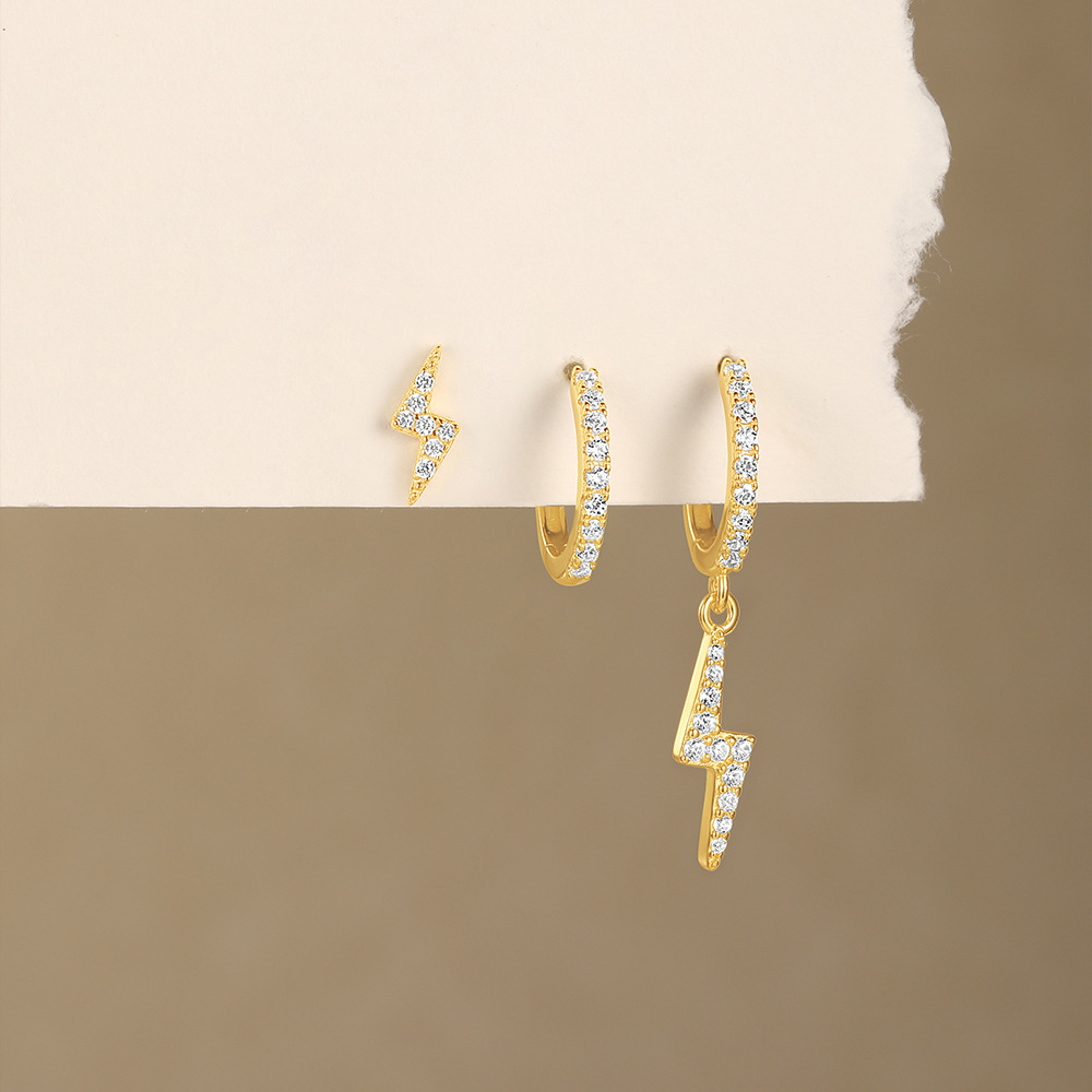 2g Weight 925 Sterling Silver Ear Needle Material Zircon Inlay Material Earrings Classification 3 Pieces Quantity Holiday, Travel, Daily Occasion 925 Sterling Silver Material Lightning Pattern Women's Gender Plating Design Simple Style, Streetwear Style 3 Pieces 925 Sterling Silver Zircon Lightning Earrings 8