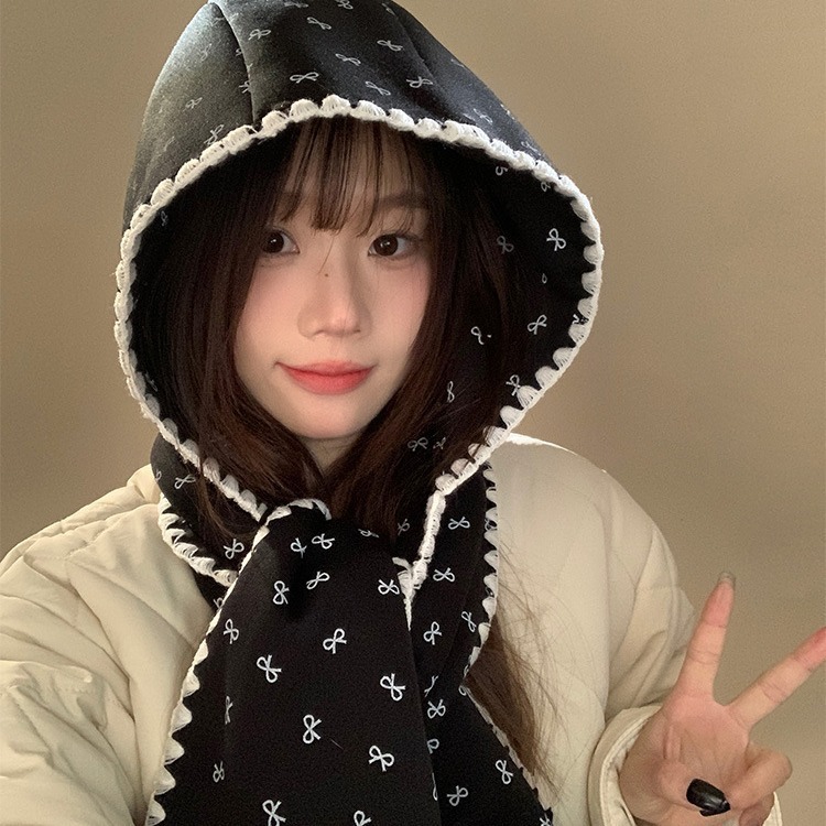 韩版蝴蝶结印花围巾帽子一体女秋冬季可爱百搭保暖防寒针织围脖|undefined