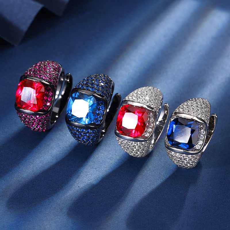 2024 nueva joyería Zhuang Shengsheng fondo de cobre chapado en oro simulación tesoro de color corindón retro temperamento anillo femenino 10*10