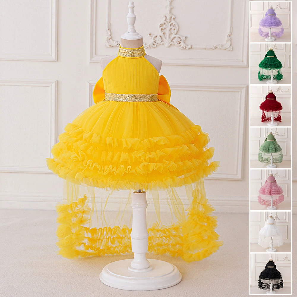 Детское платье с черным хвостом, платье принцессы с лямкой на шее, сетчатая юбка для торта, подиумное платье, одежда для выступлений на фортепиано