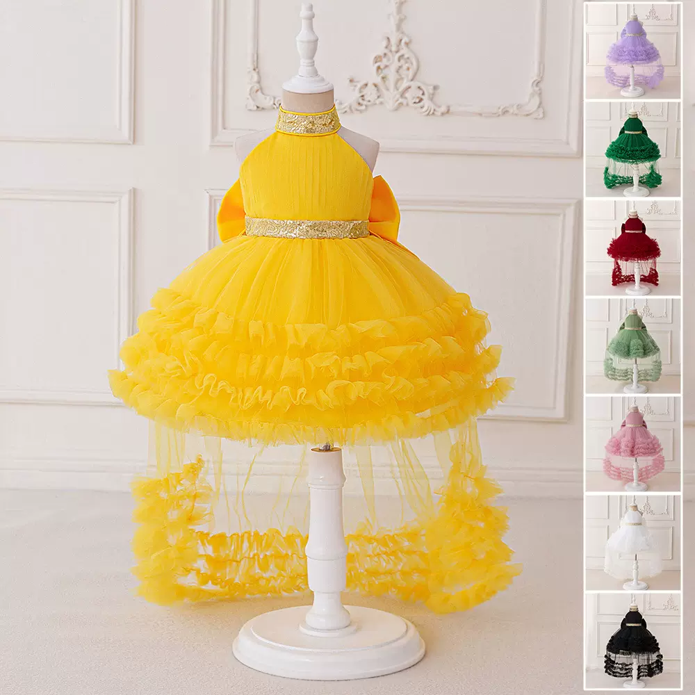 儿童礼服黑色拖尾公主裙挂脖网纱蛋糕裙子走秀礼服钢琴演奏演出服