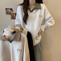 POLO襟長袖の女性の秋の新型の太ったmmはゆったりしていて痩せています。