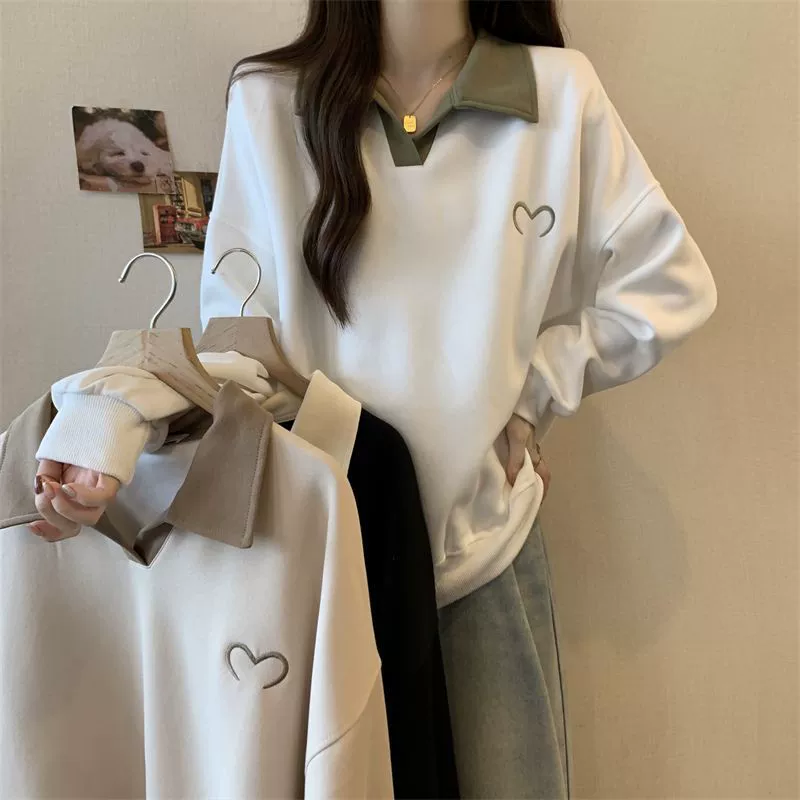 Женская толстовка с длинными рукавами и воротником-поло, новый толстый мм, свободный, для похудения, большой размер, дизайн ленивого стиля, верхняя одежда, топ