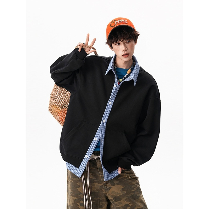 Fake Two-Piece Plaid Shirt Collar Patchwork Cardigan Sweatshirt for Men, Autumn Heavyweight Loose American College Style Couple's Jacket Fake Two-Piece Plaid Shirt Collar Patchwork Cardigan Sweatshirt for Men, Autumn Heavyweight Loose American College Style Couple's Jacket