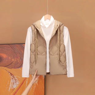 Autumn and Winter New Hooded down Vest for Women, Short Loose Korean Style Diamond Check Vest, Waistcoat, Versatile Vest for Outer Wear
