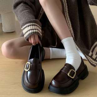 Round-Toe Black Trendy Versatile Women's Leather Shoes 2025 Spring New Chunky Heel Mary Jane Flats Mid-Heel Platform Sole