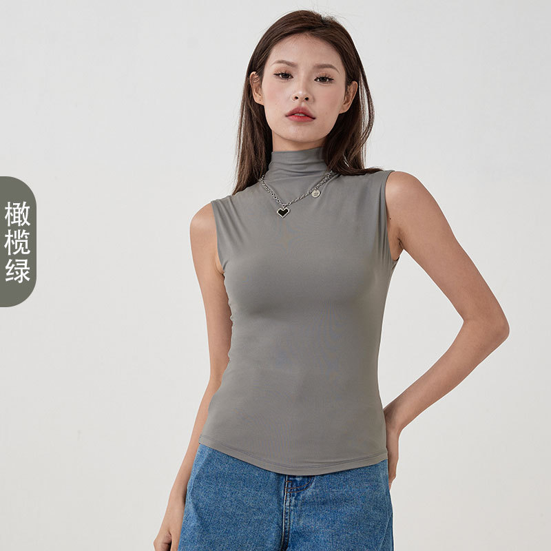 2024 nueva camisa de fondo suave de nube de doble capa sin mangas de cuello alto, camisa de fitness deportiva de yoga elástica ajustada