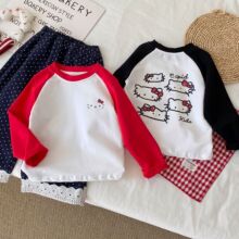 2025新款韩版女童春秋装1-5岁卡通印花拼接撞色款上衣打底衫秋款
