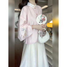 大码胖新中式国风套装改良汉服上衣新款女衬衫马甲半身裙三件套