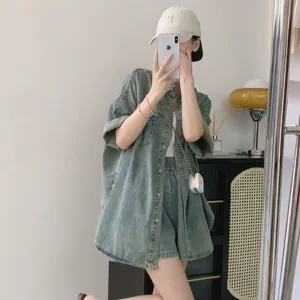 牛仔套装女夏季韩系复古做旧短袖牛仔外套衬衫上衣牛仔短裤两件套