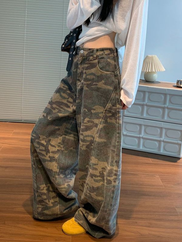 大码复古迷彩阔腿牛仔裤女新款美式街头辣妹宽松廓形拖地弯刀长裤|undefined