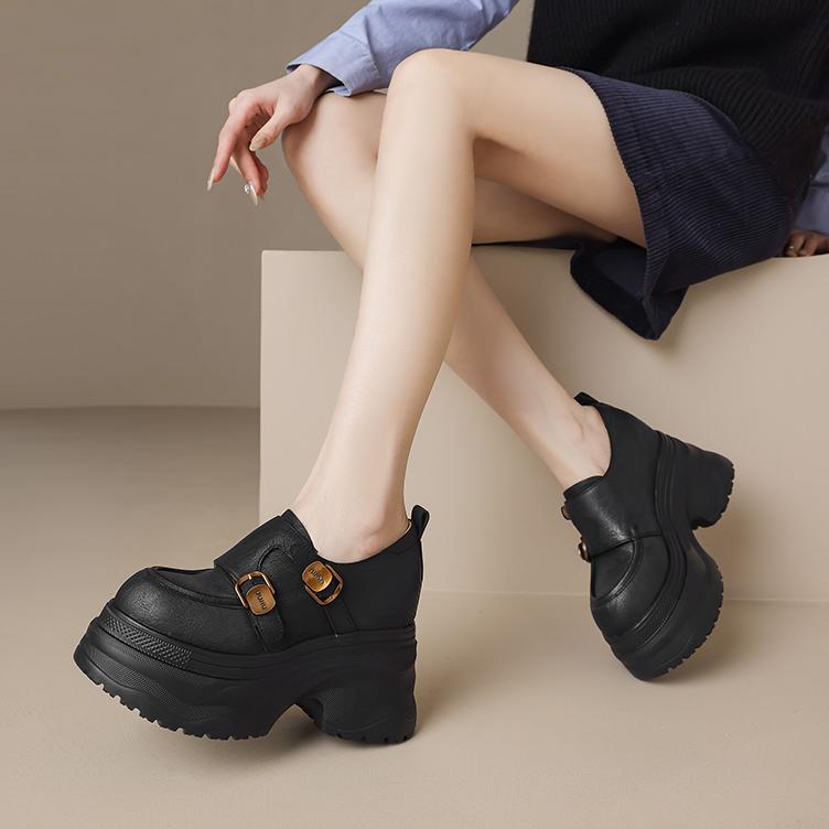 Giày loafer nữ đế xuồng cao 12 cm, miệng sâu cổ điển, khóa thắt lưng — Màu đen, Màu đen kaki