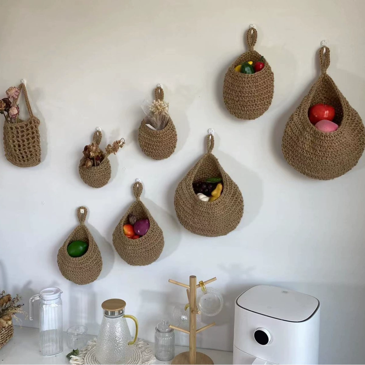 Трансграничные взрывы кухня висит синяя стена пеньковая веревка ручной работы корзина для фруктов овощные карманные корзины для овощей производители