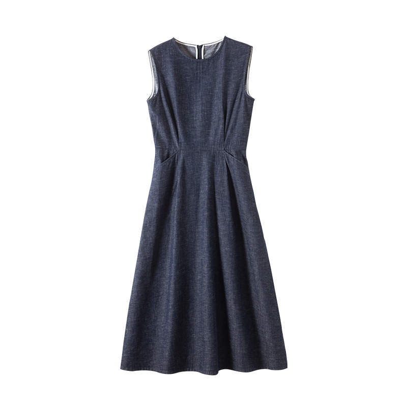 Đầm denim nữ không tay cổ tròn thắt eo dáng midi — Xanh da trờicolor