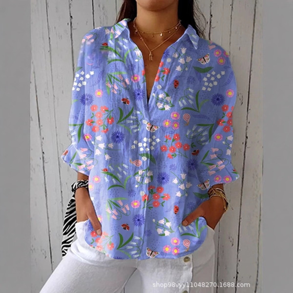 New Floral Foreign Trade 2025 Women's Shirt Cross-Border Lapel Shirt Amazon Women's 3D Digital Printing Top