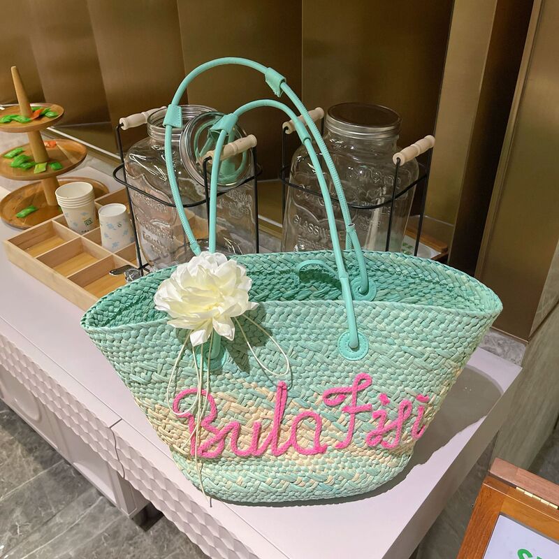Hand-Woven Raffia Tote Bag, Single Shoulder Handbag, Letter Casual Shoulder Bag, Versatile Single Shoulder Fashion Barbie Style