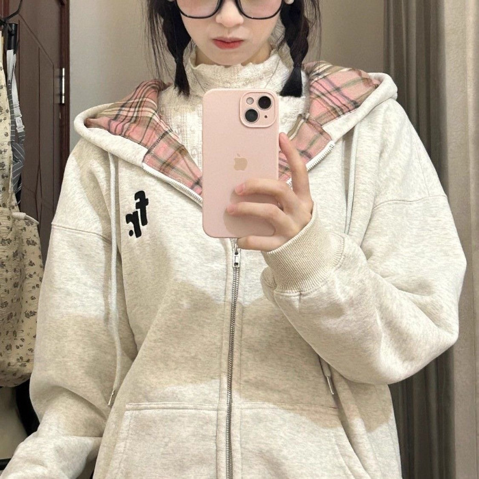 韩系拼接格子连帽卫衣女秋冬2025新款休闲设计感加绒美式复古帽衫|undefined