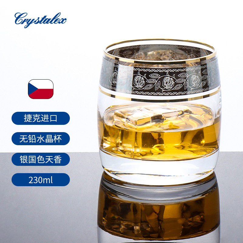 Vaso de cristal checo importado con decoración dorada, vaso de whisky tallado a mano con fondo grueso, vaso para licor, vaso de whisky.