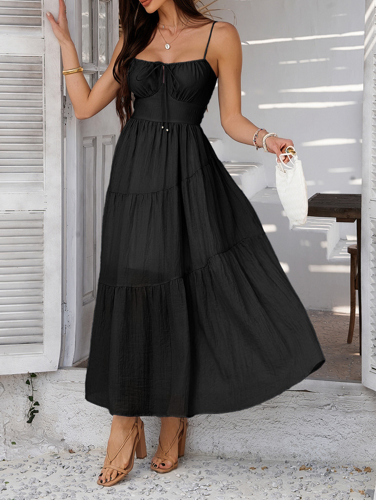 Spring Summer Vacation Solid Color High Waist Sling Dinner Dress Women Clothing