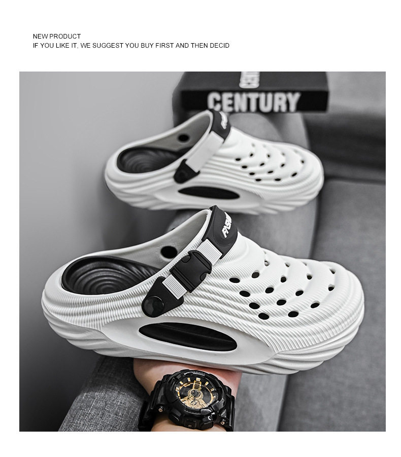 Dép lỗ nam kiểu Crocs mùa hè chống trượt, mũi tròn bảo vệ, đi biển và lái xe — Trắng, màu xanh nhạt, đen chi tiết 10