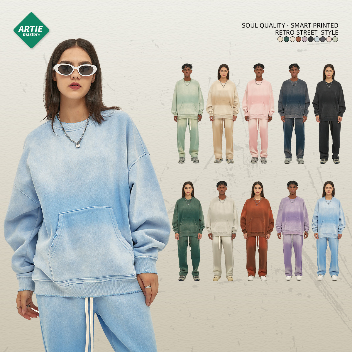 ARTIE ropa de hombre 2023 Otoño e Invierno Nuevo 360g teñido en aerosol angustiado suéter de cuello redondo suéter de hombre lavado desgastado