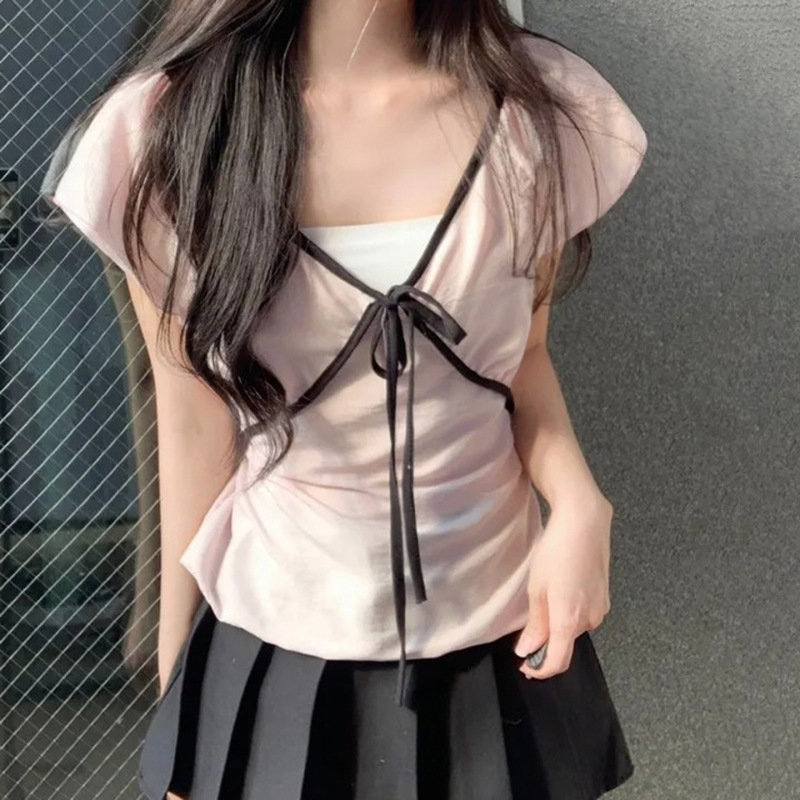 欧美小众蝴蝶结系带短袖T恤纯欲辣妹风夏季修身显瘦泡泡袖上衣女|undefined