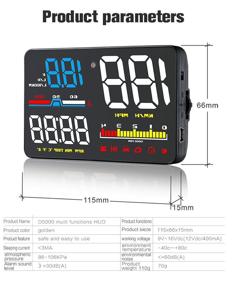 Car Head-Up Display Obd High-Definition Hud Vehicle Head-Up Display Instrument Speedometer Water Temperature Fuel Consumption Meter Cross-Border Exclusive Supply