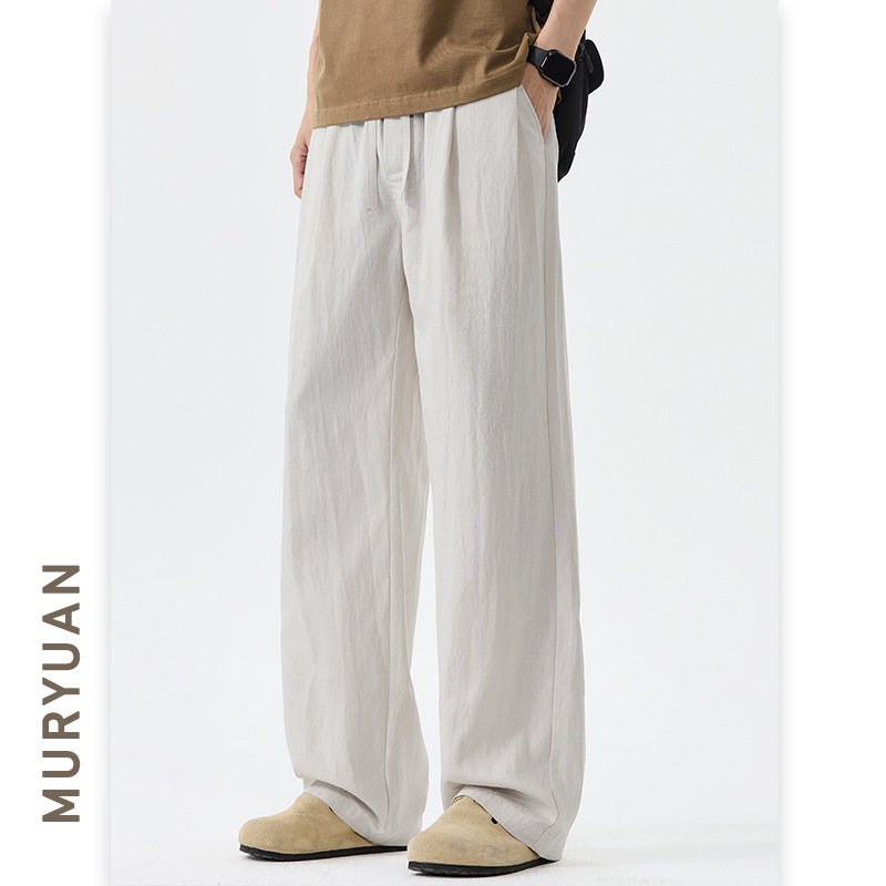 Muyuan Men's Wear American Retro Tencel Linen Casual Pants for Men, Loose Straight-Leg Draped Lyocell Wide-Leg Trousers