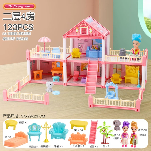 [14-English color box] Pink Villa 123PCS (2 floors, 4 bedrooms, 2 balcony+2 dolls)