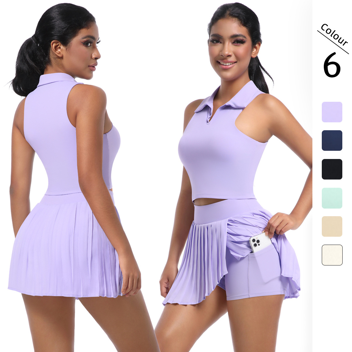 Nuevo chaleco transfronterizo de solapa de color sólido transpirable falso dos piezas de vestido corta de plegado conjunto deportivo correr fitness yoga