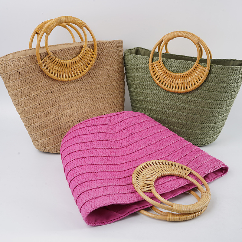 Casual Large Capacity Straw Woven Bag For Women, Summer Beach Vacation Woven Tote, Commuter Handbag, Market Basket Bucket Bag - Thumbnail 2