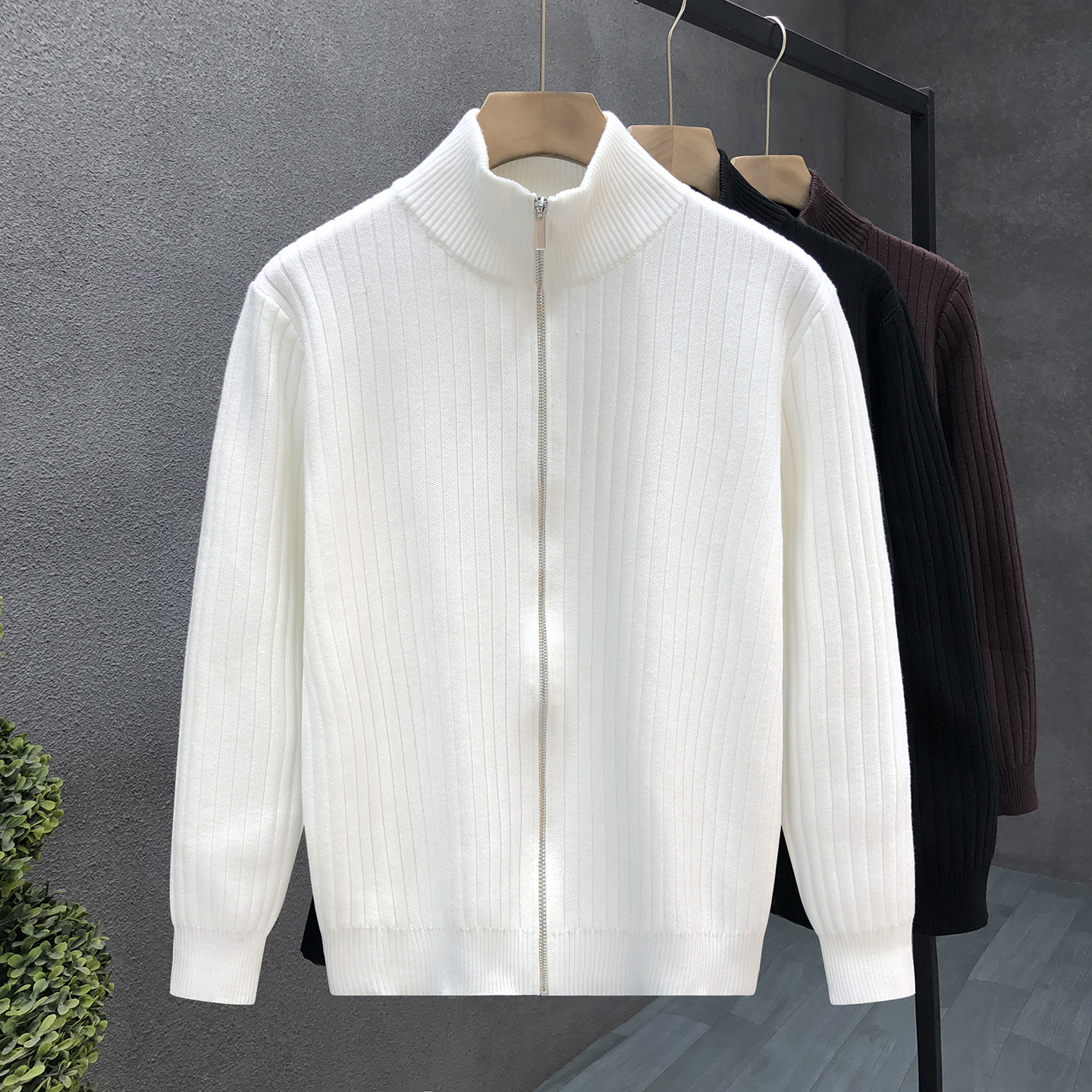 Explosiones transfronterizas de tamaño europeo de gran tamaño de cuello de pie cardigán chaqueta suéter de punto suéter de hombre doble cremallera fábrica al por mayor