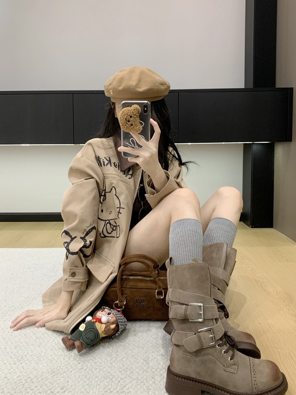 卡其色Kitty猫印花百搭风衣女2025秋季慵懒感宽松显瘦外套上衣|undefined