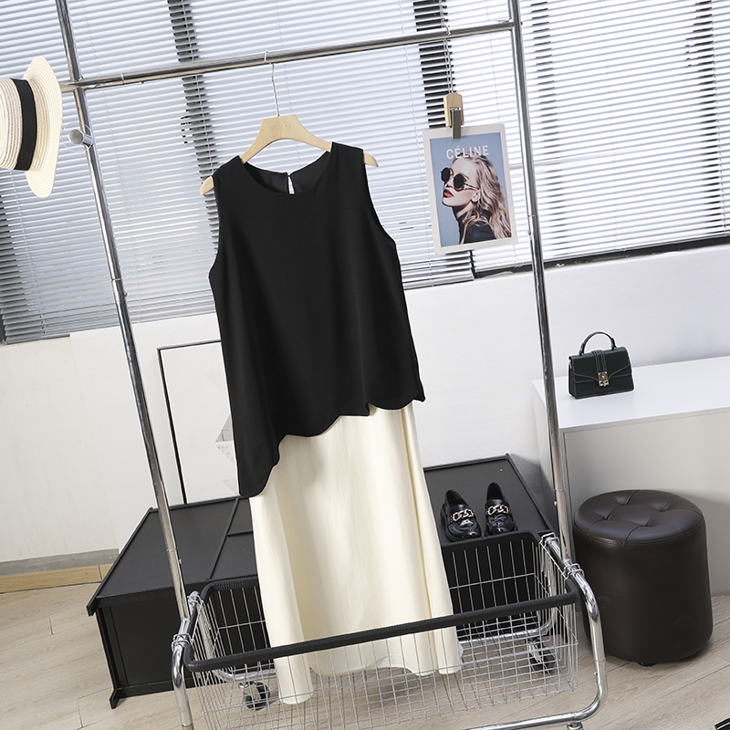 Designed Splicing Fake Two-Piece Tencel Acetate Linen Sleeveless Vest Dress for Women Summer