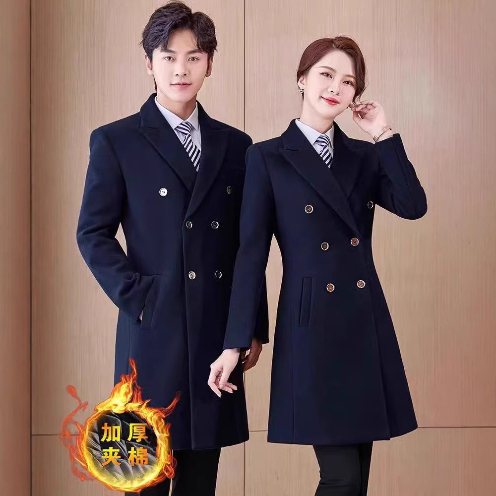 中长款夹棉加厚毛呢西装外套女秋冬季职业酒店前台接待工作服大衣