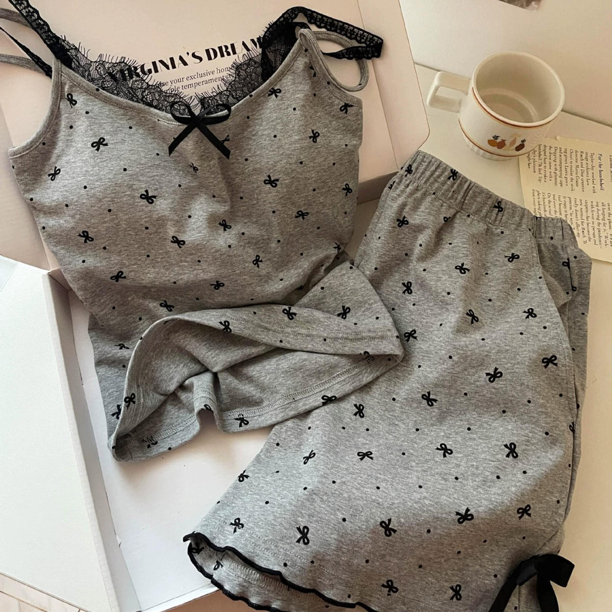 Top with cups, summer cute pijama, sexy set with bow, lifting effect