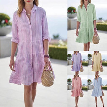 亚马逊独立站跨境欧美女装秋季长袖女式条纹衬衫款连衣裙百搭