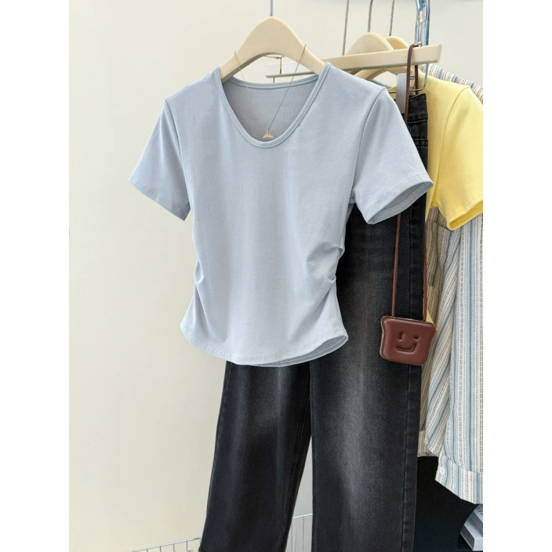 Белая женская футболка из чистого хлопка с короткими рукавами на правое плечо, летняя, сладкий и пряный короткий топ с v-образным вырезом и открытым ключицей, плиссированной талией