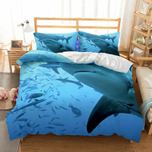 3D鲨鱼羽绒被套套装带枕套青少年房间装饰床上用品套装外贸专供