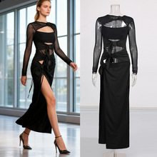 黑色镂空绑带网纱长裙2025秋冬新款女装长袖高开叉纯色礼服连衣裙