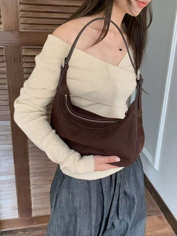2025秋冬新款真皮女包休闲百搭月牙包磨砂头层牛皮单肩包斜挎女包|undefined