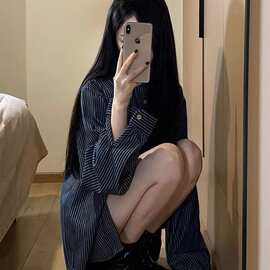 宽松显瘦Polo领条纹衬衫女小众设计感长袖百搭感气质衬衣氨纶