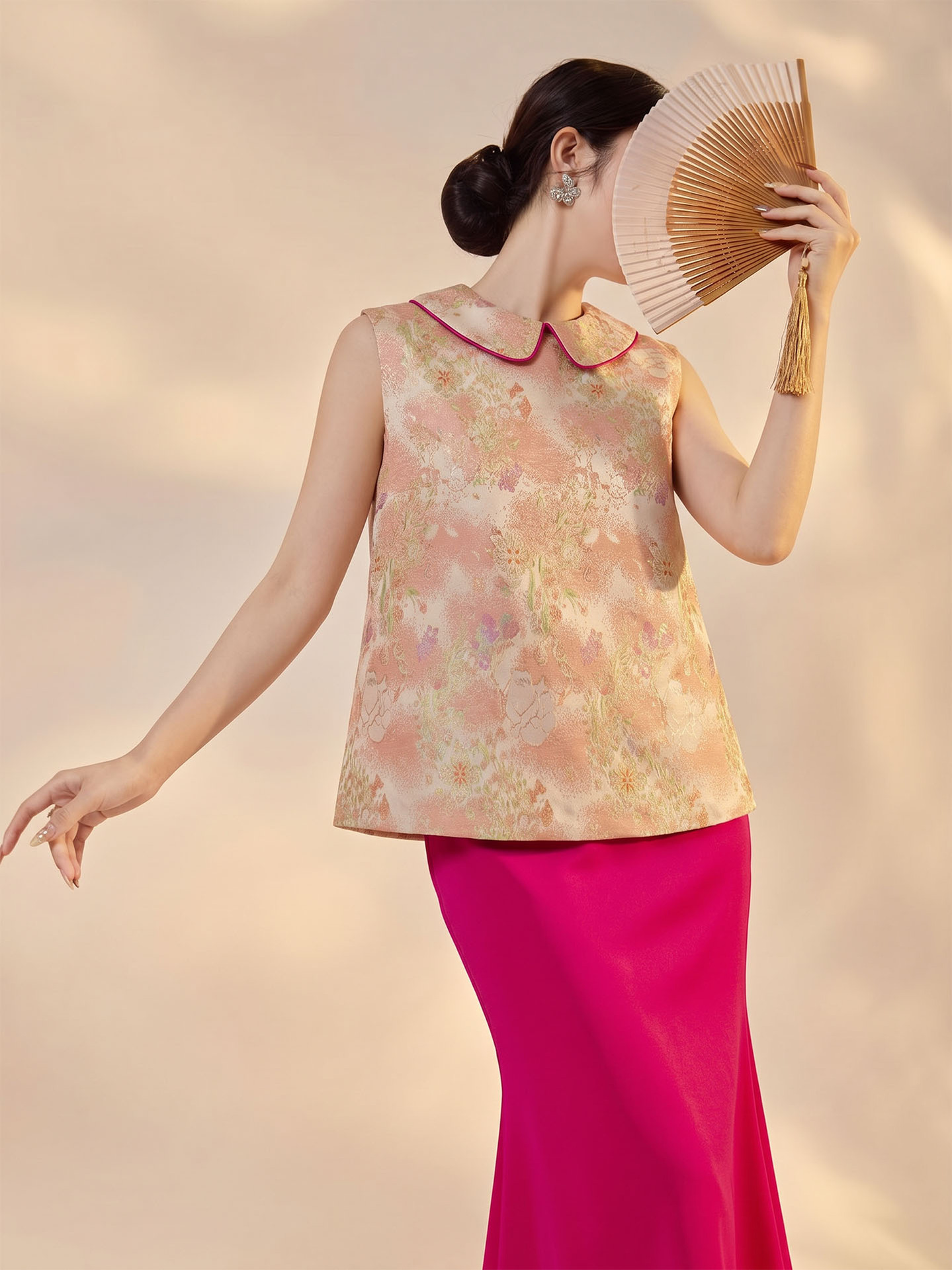 Bộ áo vest gile jacquard + chân váy nữ quốc phong mùa hè 2026 — Áo khoác Carmine, Trang phục [Áo khoác màu hồng+váy đỏ], Màu đỏ nửa váy