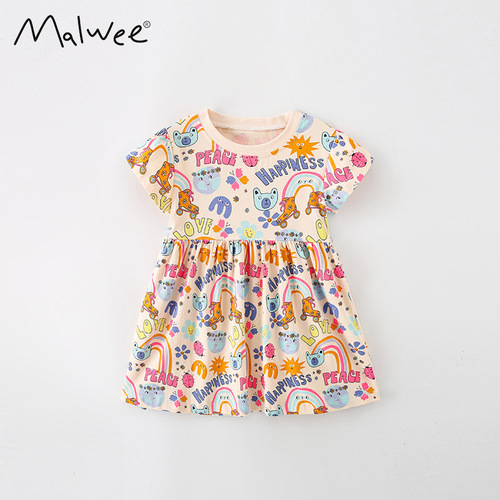 malwee girls dress summer new style European and American children's casual printed short-sleeved round neck children's princess dress